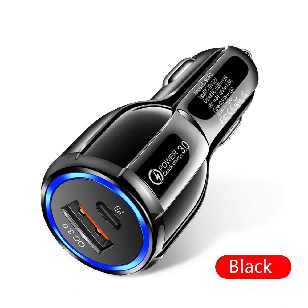 Cargador de coche de carga rápida 3,0 para teléfono móvil, cargador de coche Usb Dual, adaptador de carga rápida Qualcomm Qc 3,0, Mini cargador de coche Usb: PD USB Black