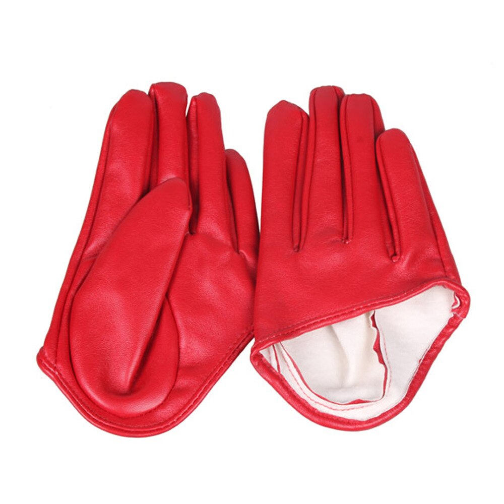 Woman Tight Half Palm Gloves Imitation Leather Five Finger Mittens Vivid Color: Red