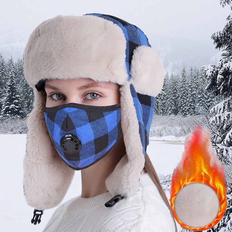 Wintermutsen heren dames warme mutsen plus fluwelen koudebestendige verstelbare mutsen winddichte gezichtsbedekking skimutsen sets gymmutsen: Pet gezichtsbedekking blauw