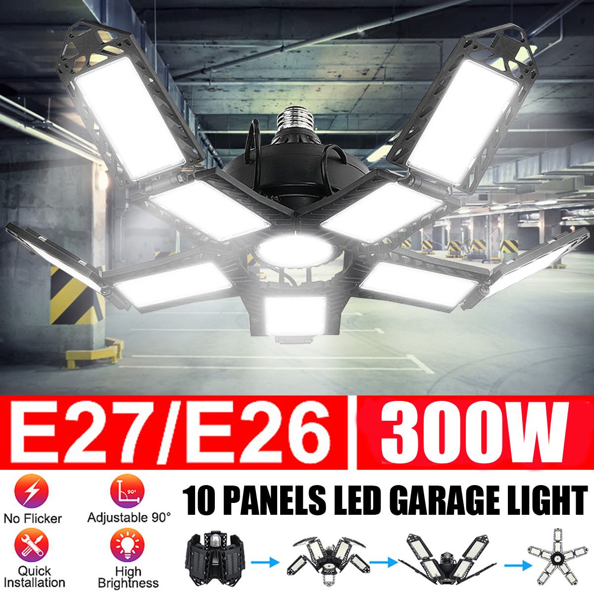 300W Deformable Industrial Lighting E27 Led Fan Garage Light Super Bright 18000LM 2835 Led High Bay Industrial Lamp for Workshop