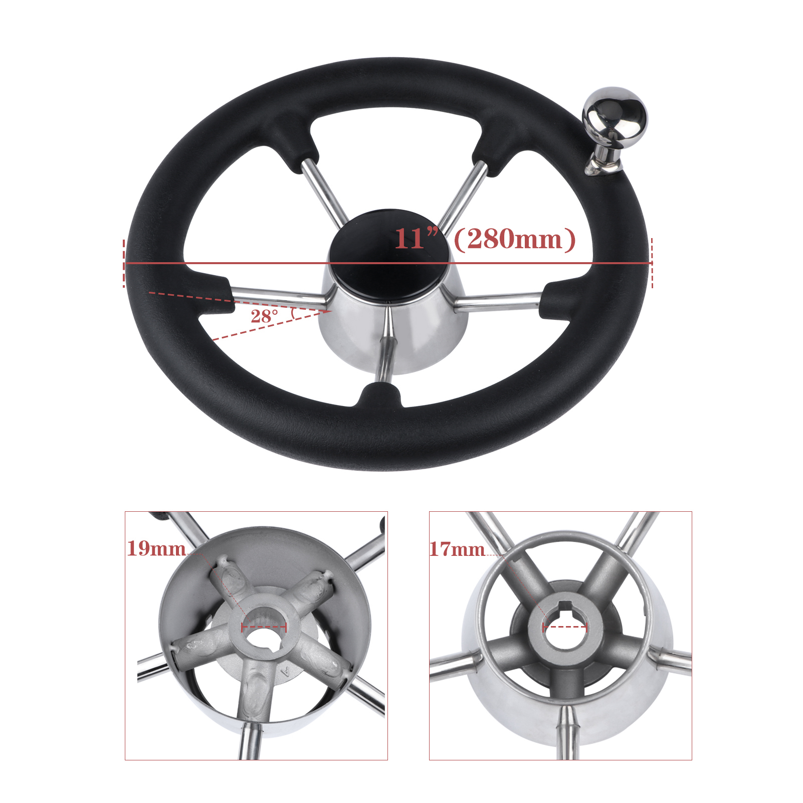 Boat Accessories Marine 11 Inch stainless steel 5 Spoke Destroyer Steering Wheel with Black Foam
