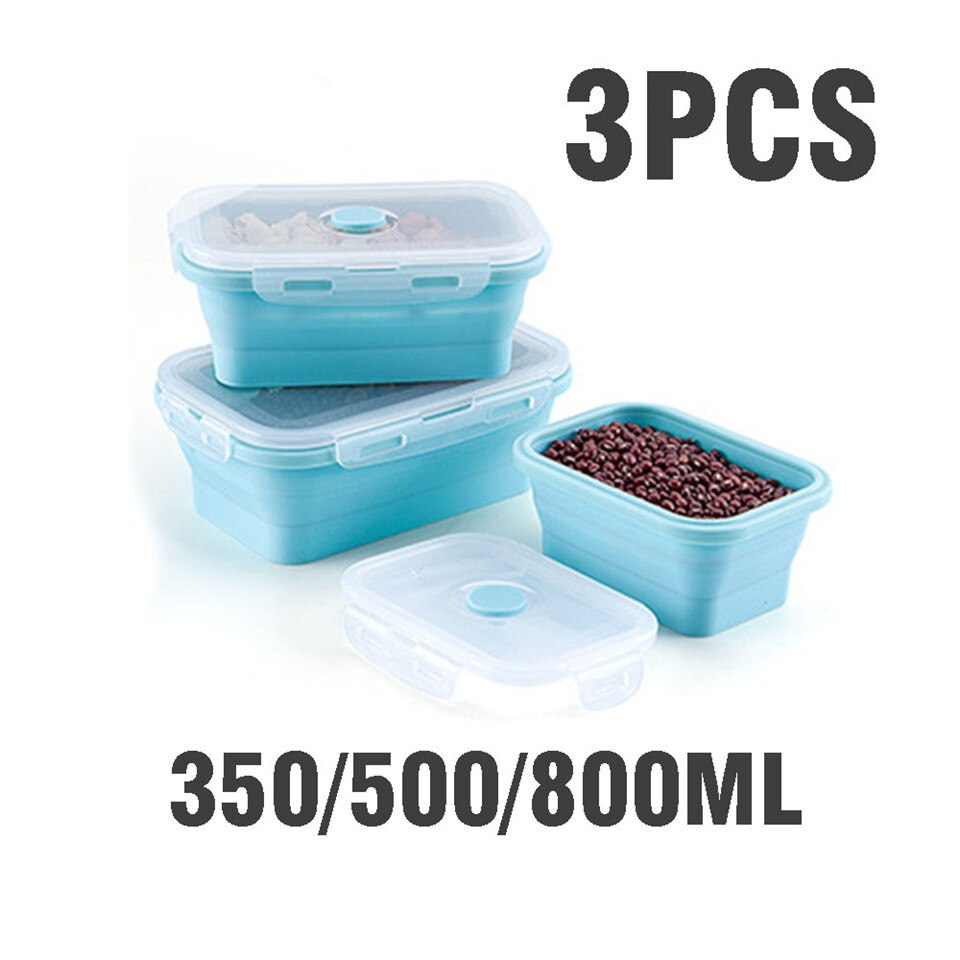 Silicone Lunch Box Set Stackable Bento Food Prep Container Foldable Lunchbox Microwave Dinner Storage Containers Leakproof Fresh: blue A-3pcs
