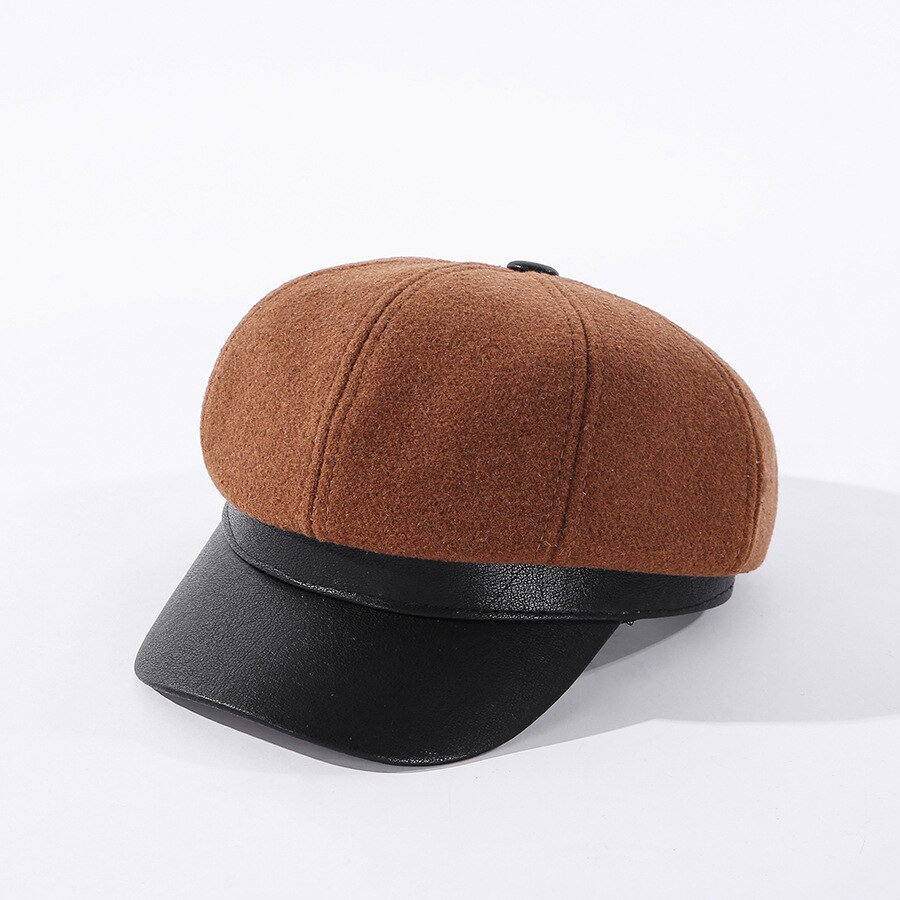 COKK Octagonal Hat Women's Winter Autumn Leather Brim Beret Women Retro British Painter Cap Hats For Women's Cap Gorros: brown