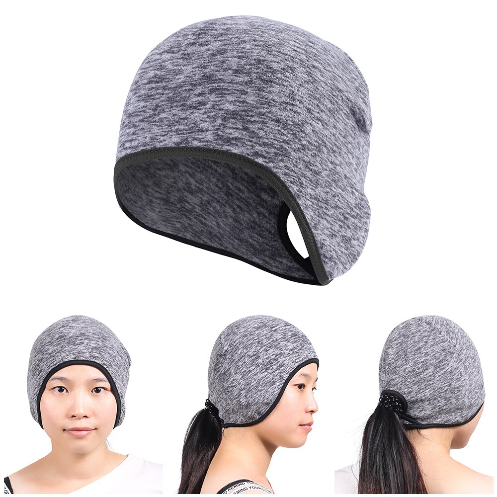 Women's Ponytail Hole Cap Winter Polar Fleece Warmer Bonnet Ear Cover Cold Weather Thermal Bicycle Sweat Hat Bun Skullies Beanie