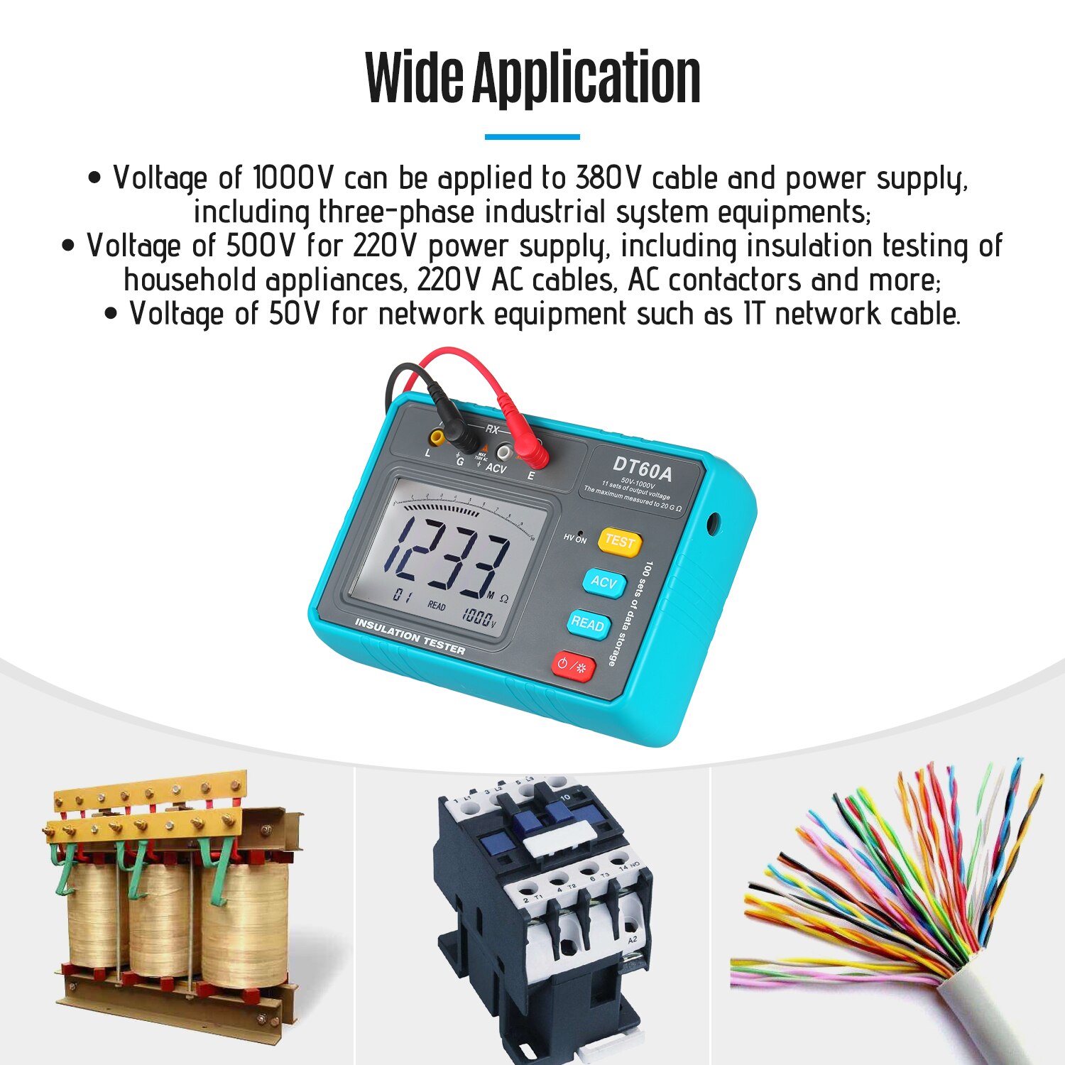 DT60A High Voltage Insulation Resistance Tester Battery Operated LED Digital Ohmmeter Tester Megger Megameter Resistance Meter
