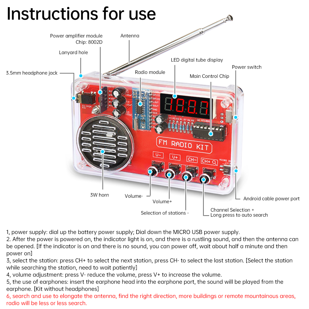 FM Radio DIY Kit 50~108MHz Adjustable Frequency Radio DIY with Speaker Digital Display Multifunction Wireless Radio Receiver