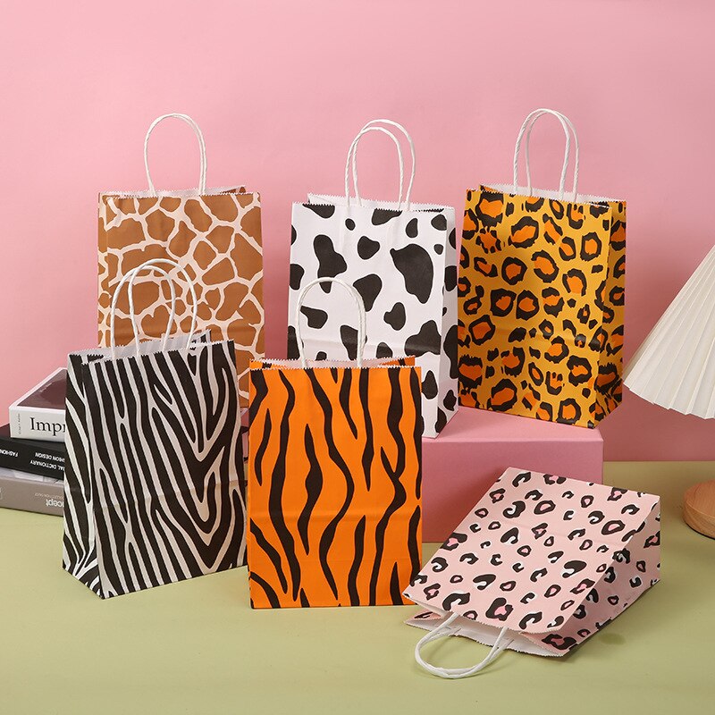 5Pcs Cartoon Printed Tiger Zebra Leopard Bags Reusable Packing Bags With Handles For Birthday Party Decoration