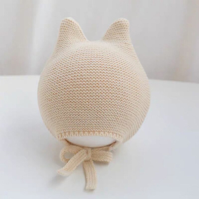Søt babylue med øre høst vinter spedbarn baby jente gutt lue ensfarget varm strikket pjokk lue for barn: Beige