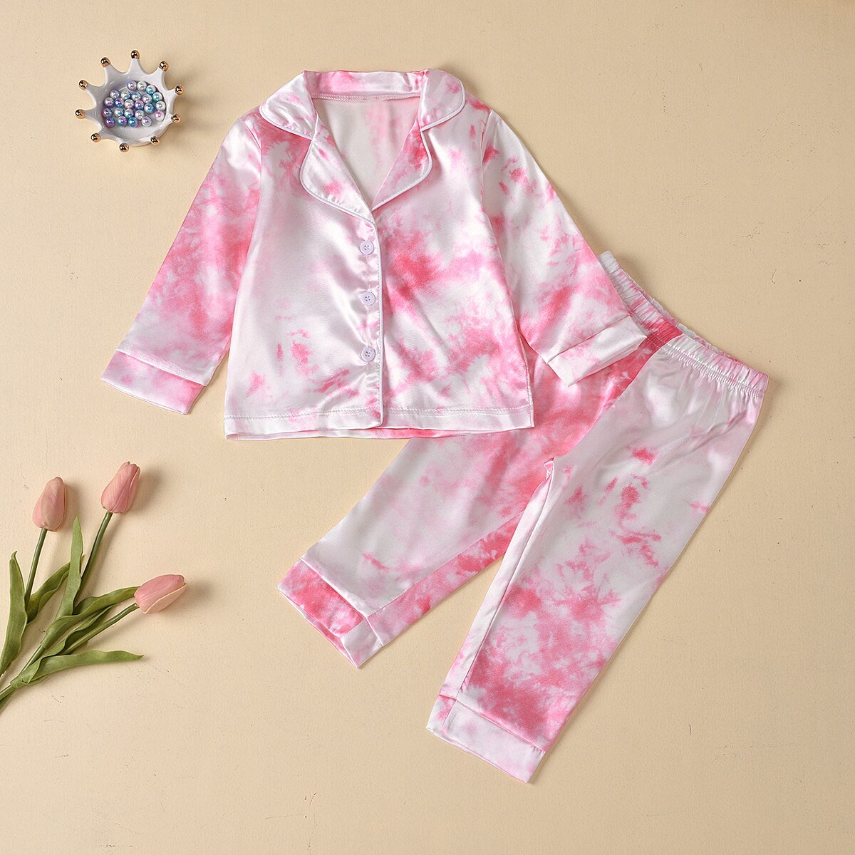 2Pcs Kids Tie-Geverfd Pyjama Set Revers Lange-Mouwen Top Met Knop Elastische Losse Broek Nachtkleding Pak voor Meisjes Jongens