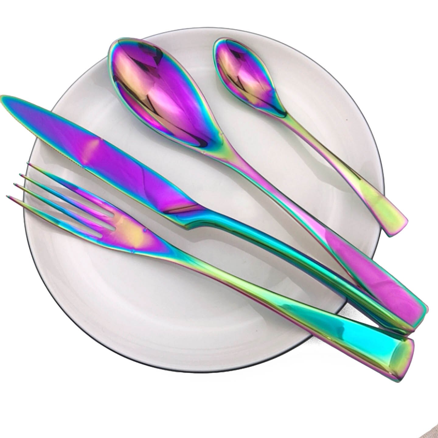 Cuchillo de cobre para cena, juego de cubiertos de acero inoxidable 304, negro y azul, vajilla de espejo, tenedores, juegos de vajilla, 4 unids/lote: Rainbow