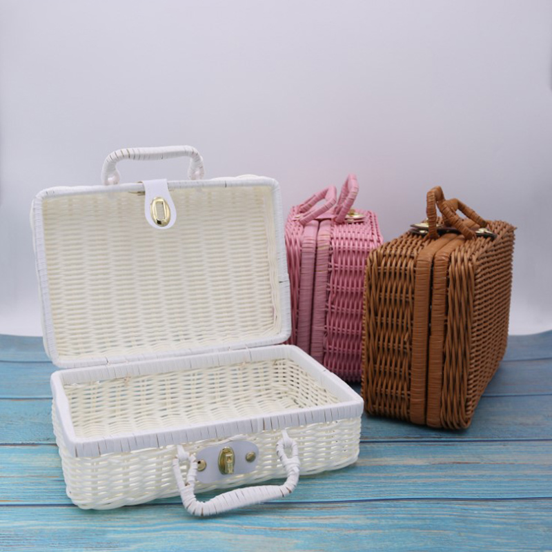 Étui de rangement tissé en rotin fait à la main, Vintage, Portable, étui de rangement tissé à la main, maquillage pique-nique voyage porte-bagages valise, boîte d'organisation d'articles divers