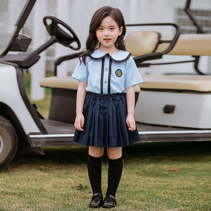 Uniforme escolar japonés coreano de algodón para niños y niñas, camisa azul, faldas plisadas, pantalones cortos, conjunto de ropa, traje para estudiantes