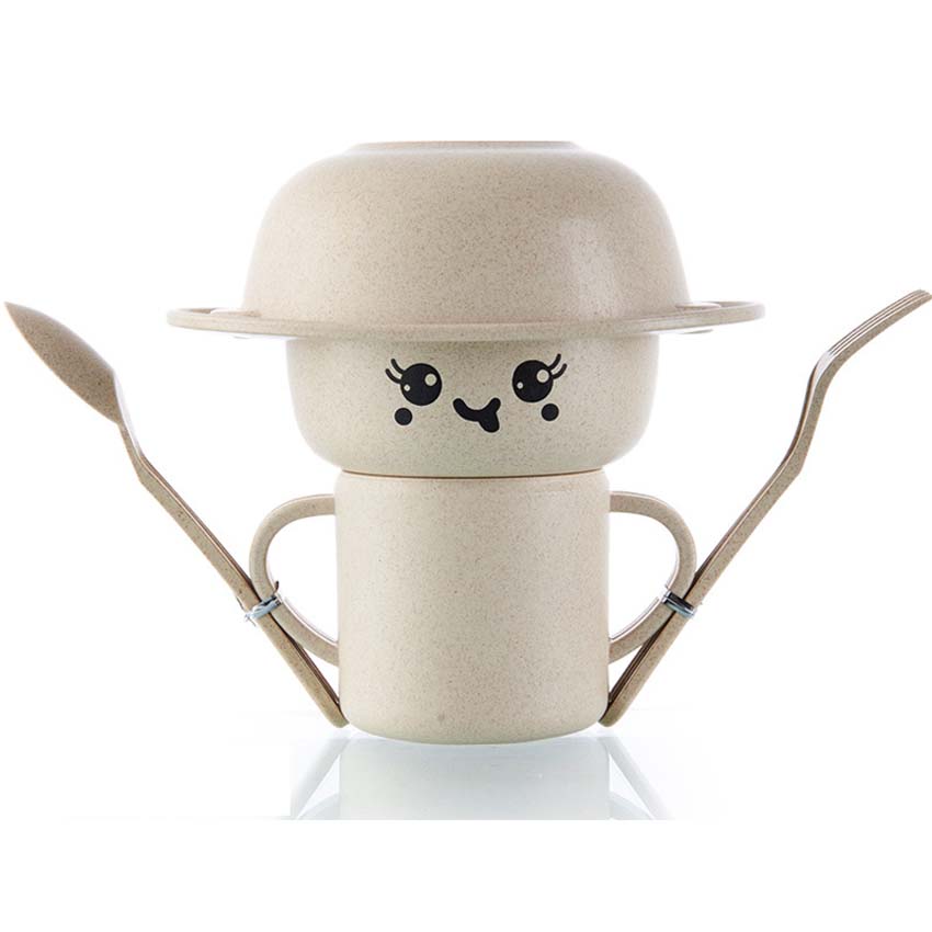 5Pcs Child Tableware Wheat Straw Sange Snack Tray with Spoon Fork Cup Skid Platter Tableware Baby Eating Supplies Beautiful Tray: Beige Stand Man Set