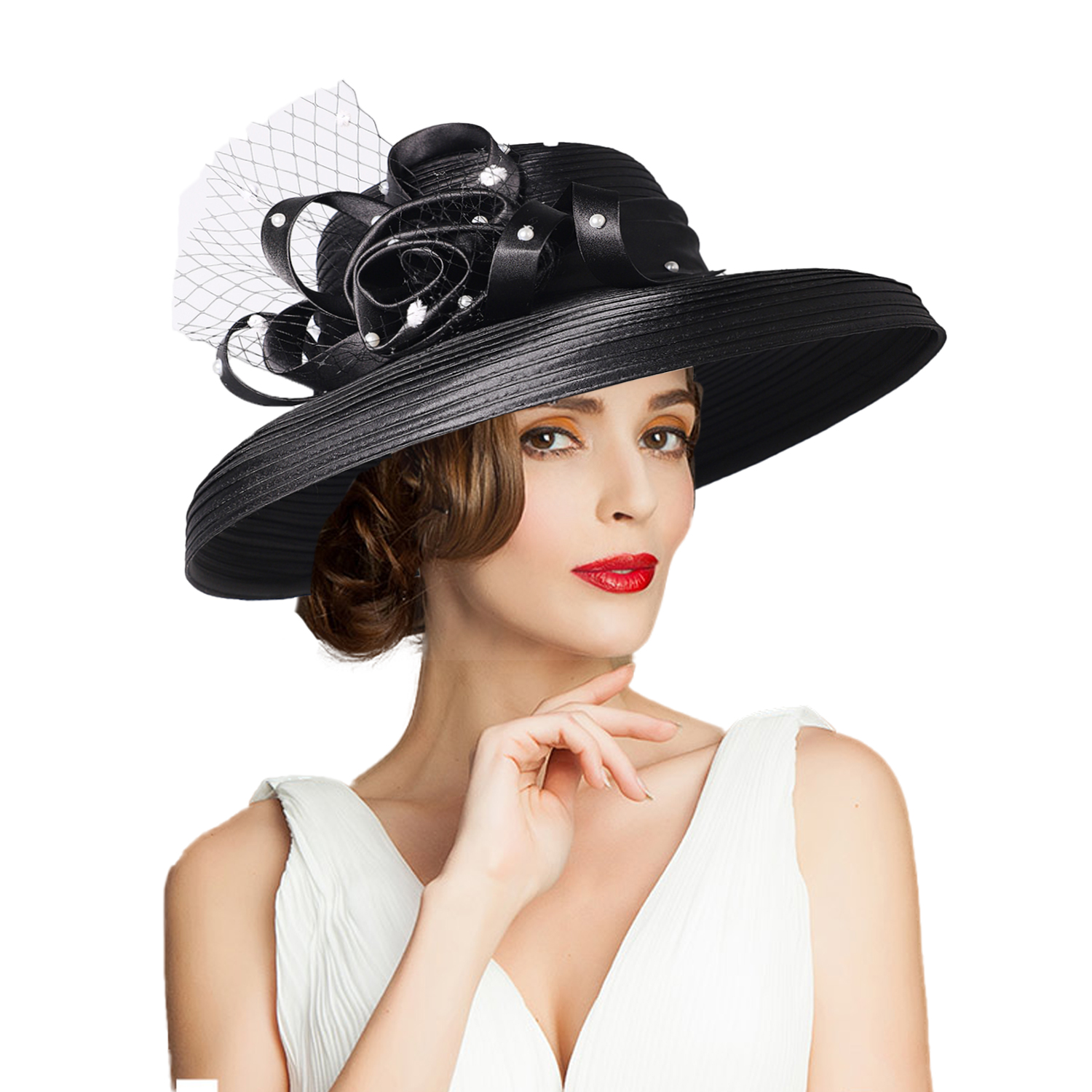 Fs kentucky derby-hattar med brett brätte, marinblå slöja, blommig kyrkhatt för kvinnor, sommartebjudningshatt, fascinatorkeps, feminin hatt: Svart