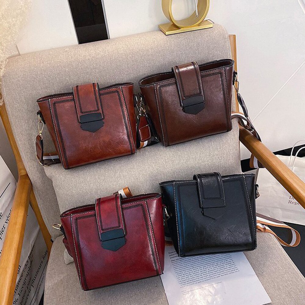 Kvinnelig skinn dameveske dame skulder håndvesker ensfarget bøtte med stor kapasitet casual kvinnelige crossbody vesker