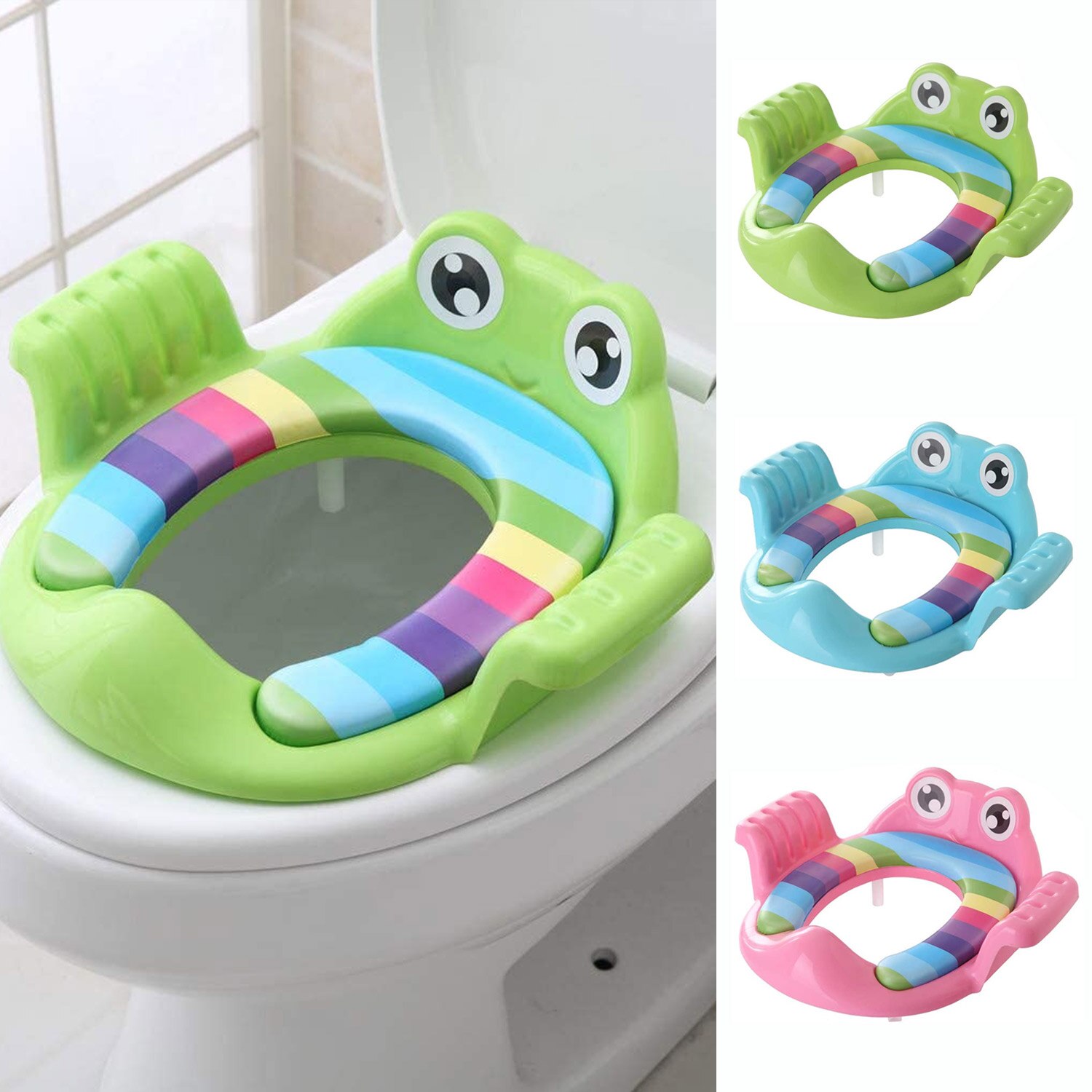 Cute Cartoon Anti-slip Potty Training Seat Toilet Trainer with Soft Cushion Handle Splash Guard for 1-6 Years Old Kids