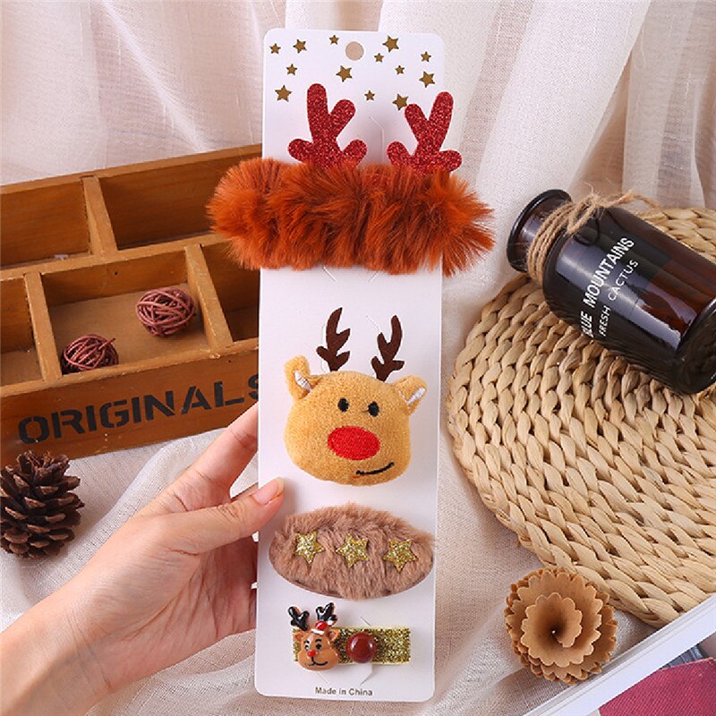 Bonito 4 peça conjunto bebê menina natal hairpin dos desenhos animados fecho decorativo elegante elk santa árvore de pelúcia crianças presente acessório do cabelo: 2