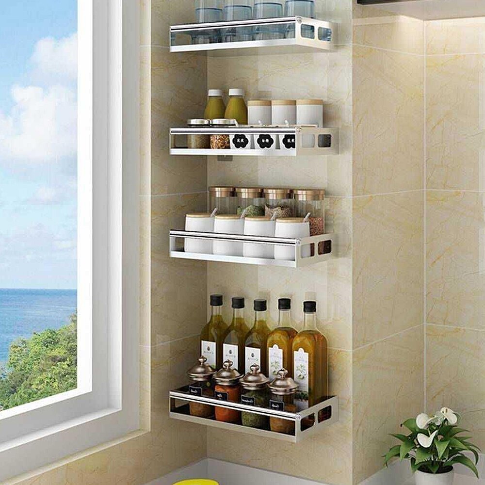 Kitchen Stainless Steel Spice Rack Seasoning Rack Spices Rack Shelf Kitchen Storage Organizer Multi-Functional Storage Shelf