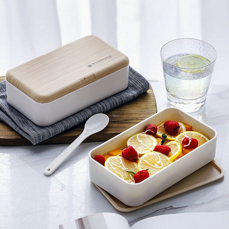 Microwave Double Layer Lunch Box Wooden Sensation Salad Bento Box BPA Free Portable Container Student Worker Box