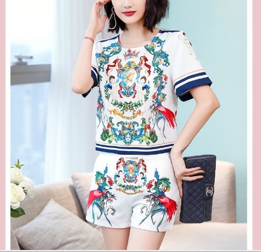 Runway Zomer Kleding Set Vrouwen Vintage Ketting Gedrukt Blouses Korte Mouwen Tops En Retro Patroon Shorts Broek Pak NS846
