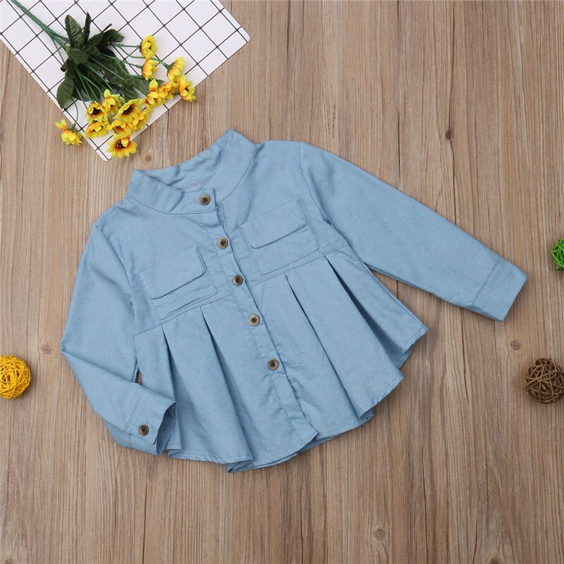 Stylish Girls Blouse Kids Autumn Solid Blue Long Sleeve Ruffles Button Denim Shirt Princess Children Girl Top 3-12T