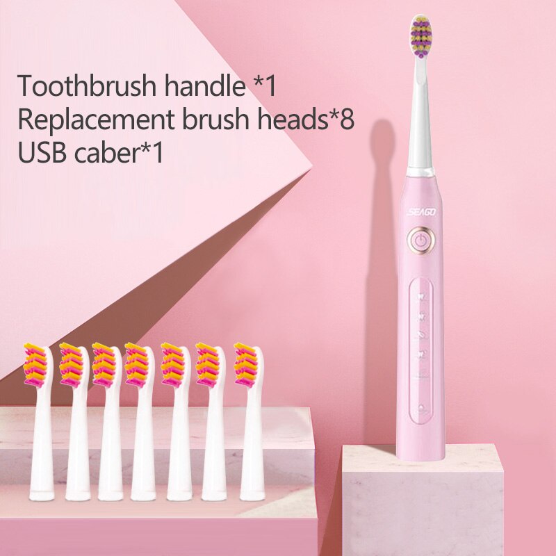 SEAGO Sonic Electric Toothbrush Adults Timer 5 Modes USB Rechargeable Tooth Brush Replacement Brush Head Nozzles Box SG-507: pink5head