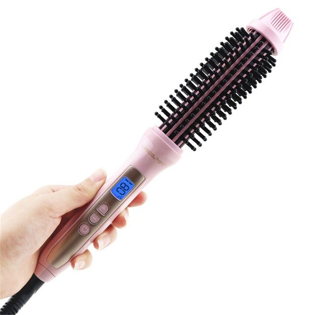 LESCOLTON Display 2 In 1 Ceramic Hair Straightener Comb Hair Curler Curling Roller Beauty Care Iron Brush Comb: pink / EU