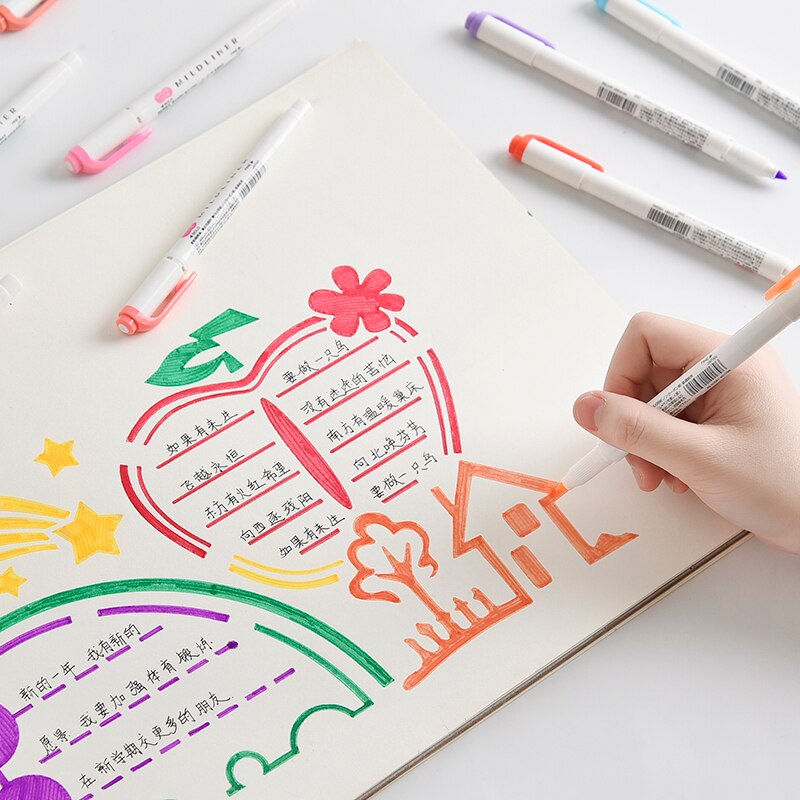 Zebra Mildliner Double Ended Highlighter Pen Set, WKT7 Fine Liner Bold Marker, Fluorescent Hand Lettering Drawing Painting A6506