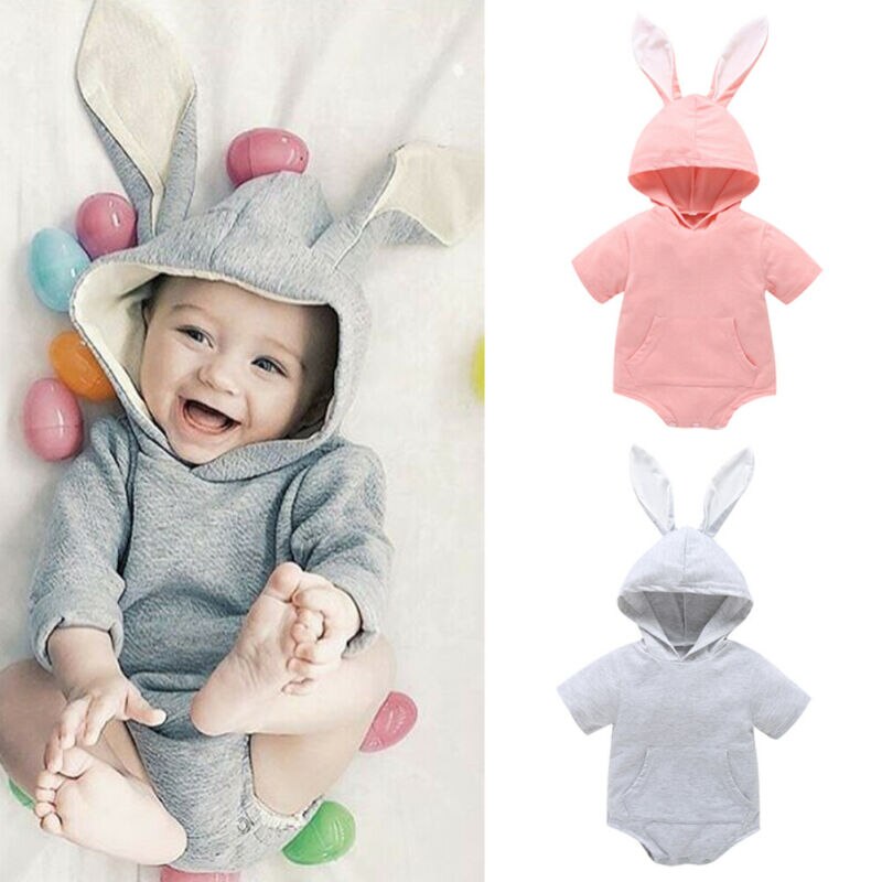 Baby sommer tøj spædbarn baby pige dreng påskehare ører hætte kortærmet bodysuit samlet solid pocket outfit