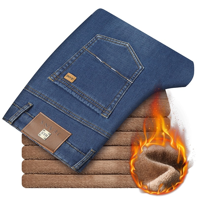 Jean extensible en flanelle thermique pour homme, pantalon droit en polaire, coupe droite, collection automne et hiver