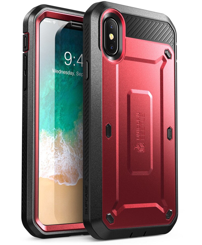 SUPCASE-funda resistente de cuerpo completo para iPhone X, XS, Series UB Pro, con Clip, Protector de pantalla incorporado: Metallic Red