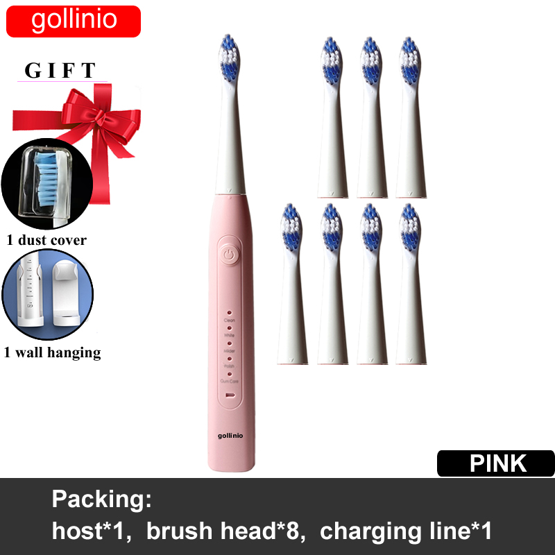 Gollinio Electric Toothbrush usb fast charging GL09F Adult teeth brush Rechargeable smart Replacement Head: GL09PINK8H-H
