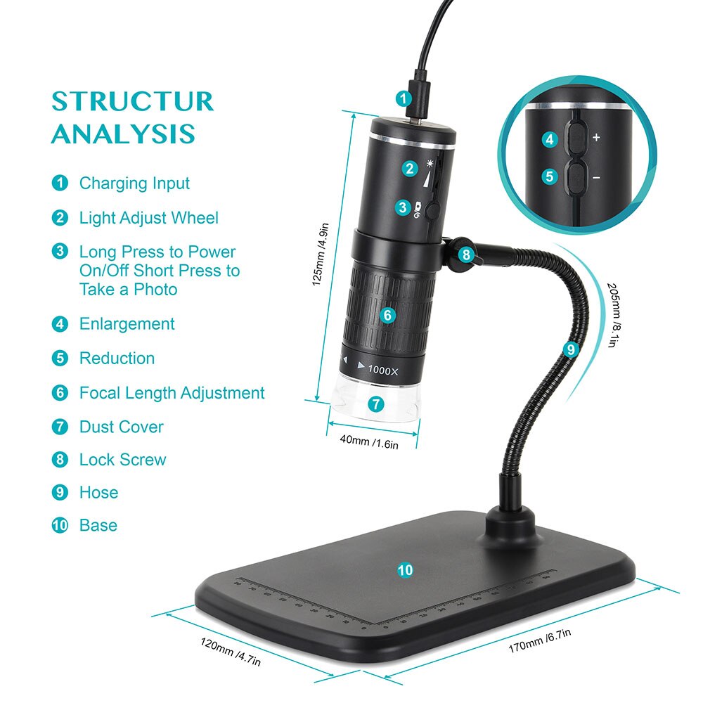 1000X Digital WIFI Microscope 8 LED 800mAh Rechargeable Smart Phone Microscope Camera Video for PCB Solder