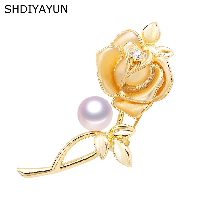 SHDIYAYUN Pearl Brooch For Women Classic Gold Rose Flower Brooches Pins Natural Freshwater Pearl Fine Jewelry Accessories