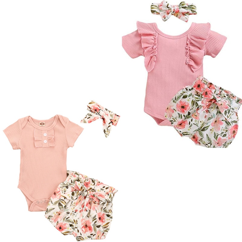 0-24M Zomer Pasgeboren Baby Meisjes Korte Sleeveround Kraag Romper + Zoete Bloemen Printing Shorts + Boog Hoofddeksels set