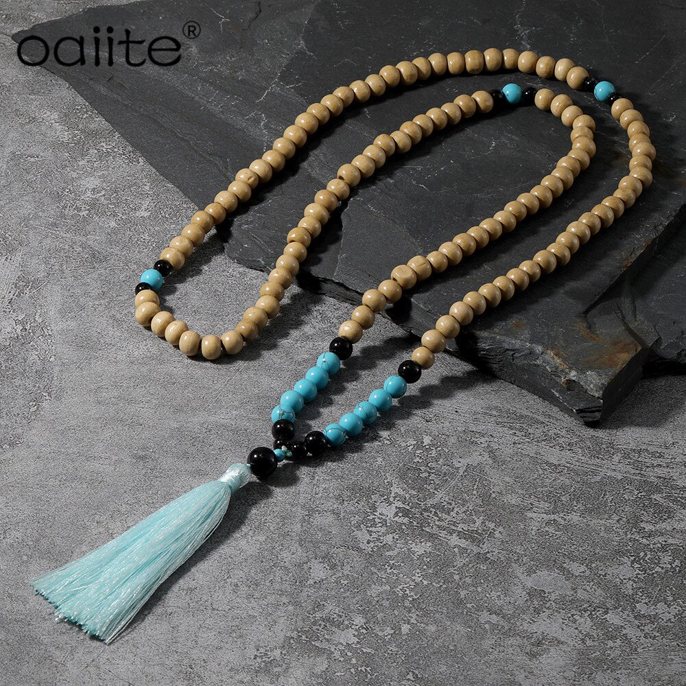 OAIITE Blue Tassel Wood Beads Statement Necklace Bohemian Ethnic Vintage Nature Stone Long Charm Necklace For Women Men: Default Title