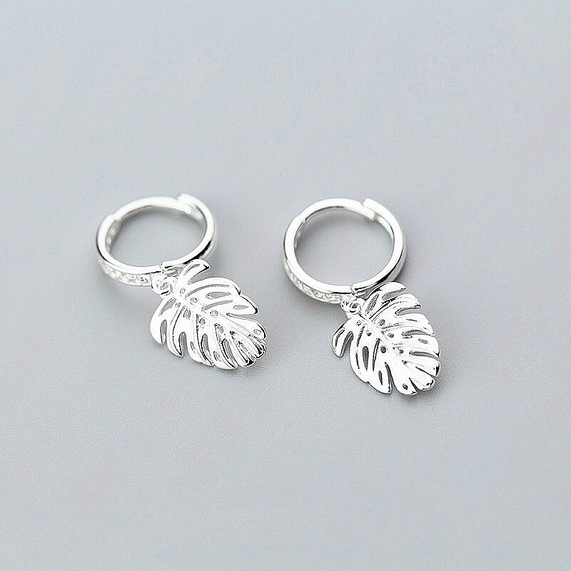 INZATT Trendy Monstera Leaf Tropical Plant Zircon Hoop Earrings Charm 925 Sterling Silver Fine Jewelry Two Colors For Women: Silver