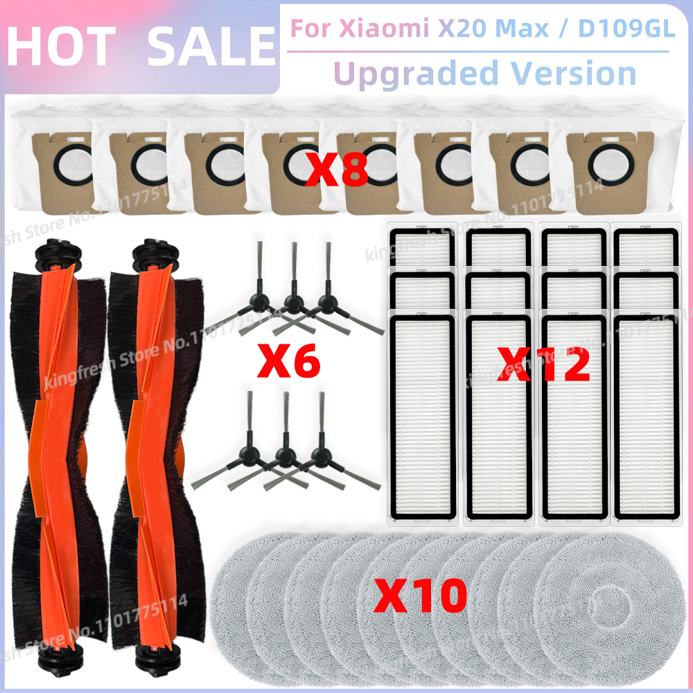 Compatível com ( Xiaomi Robot Vacuum X20 Max / D109GL, Xiaomi Robot Vacuum X20 Pro / D102GL ) Peças Rolo Principal Escova Lateral Filtro Hepa Pano de Esfregão Saco de Poeira Acessórios