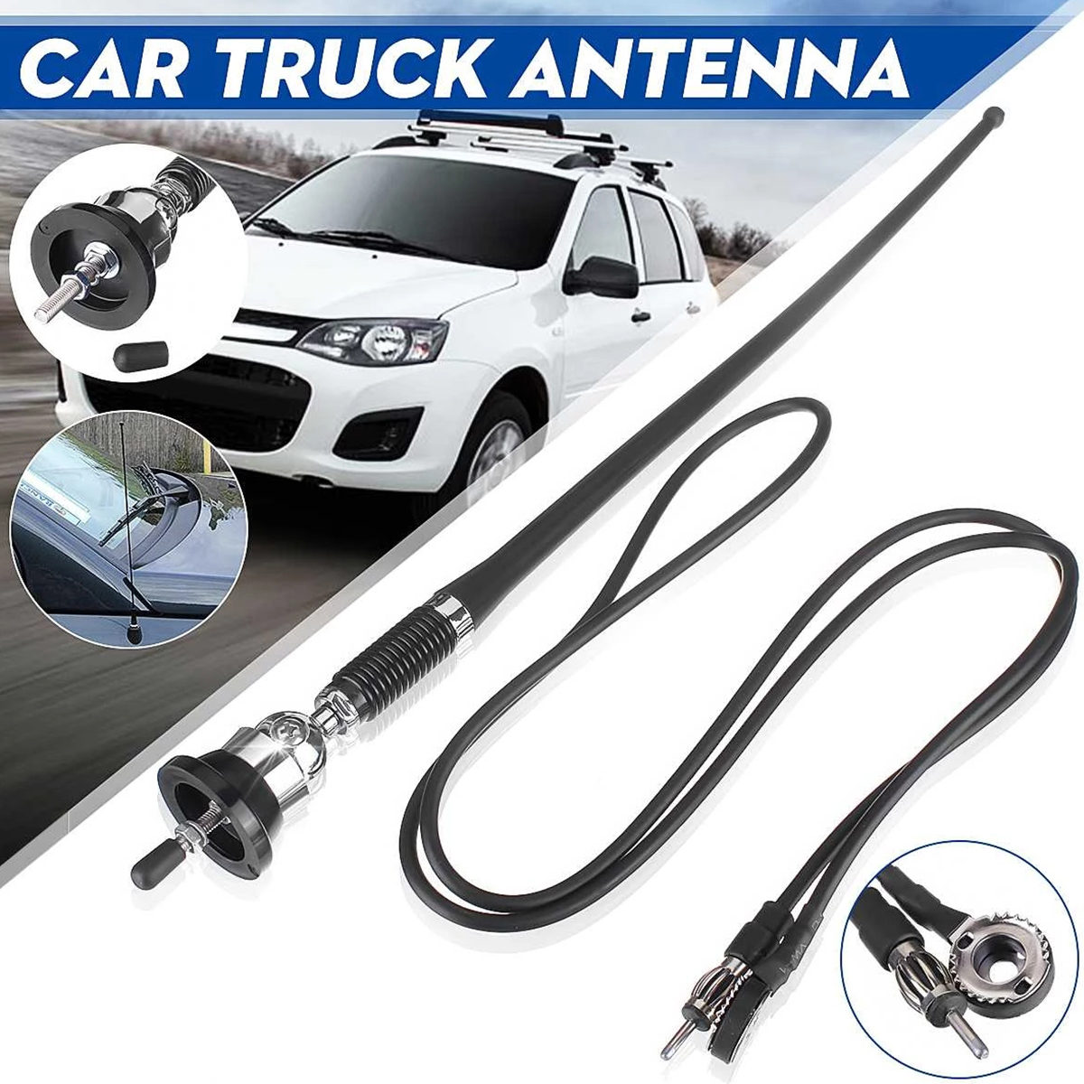 17in Car Roof Radio Antenna Car Radio Aerial AM-FM Rubber Antenna with 180° Swivel Base and 51" Cable Roof Mount Signal Aerial