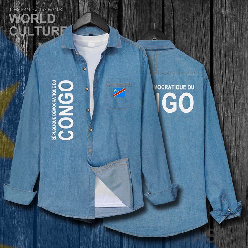 Vêtements congolais, drapeau, DR Congo COD DROC Congo-Kinsha, chemise, en coton, Top rabattu, à manches longues, manteau Cowboy, automne: shirt-lightblue / XXL