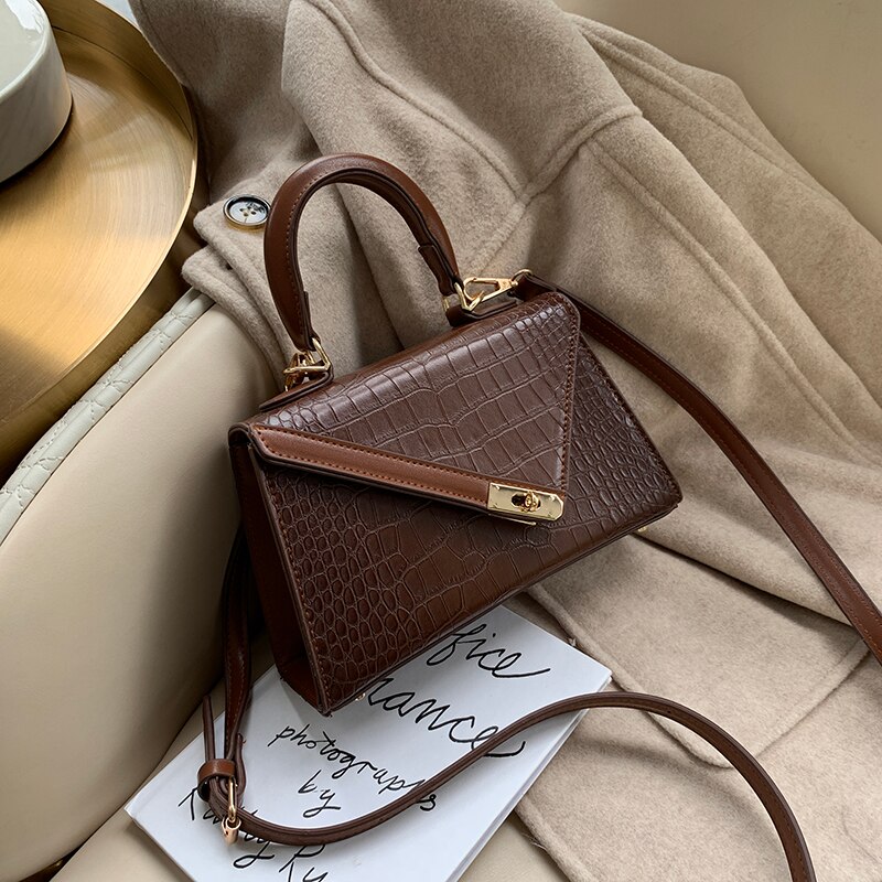 Luxe dames schoudertas met kleine effen kleur, leren crossbody tas met stenen patroon voor dames, dames handtassen: Bruin