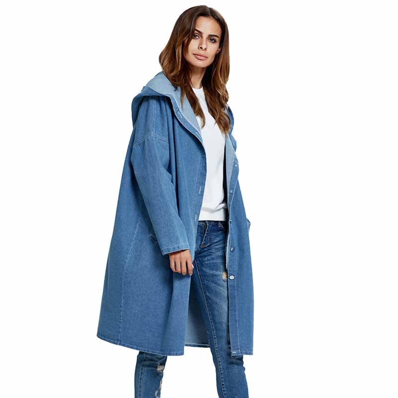Gabardina vaquera de talla grande para mujer, abrigo largo de manga larga con capucha, rompevientos, básico, informal, primavera y otoño