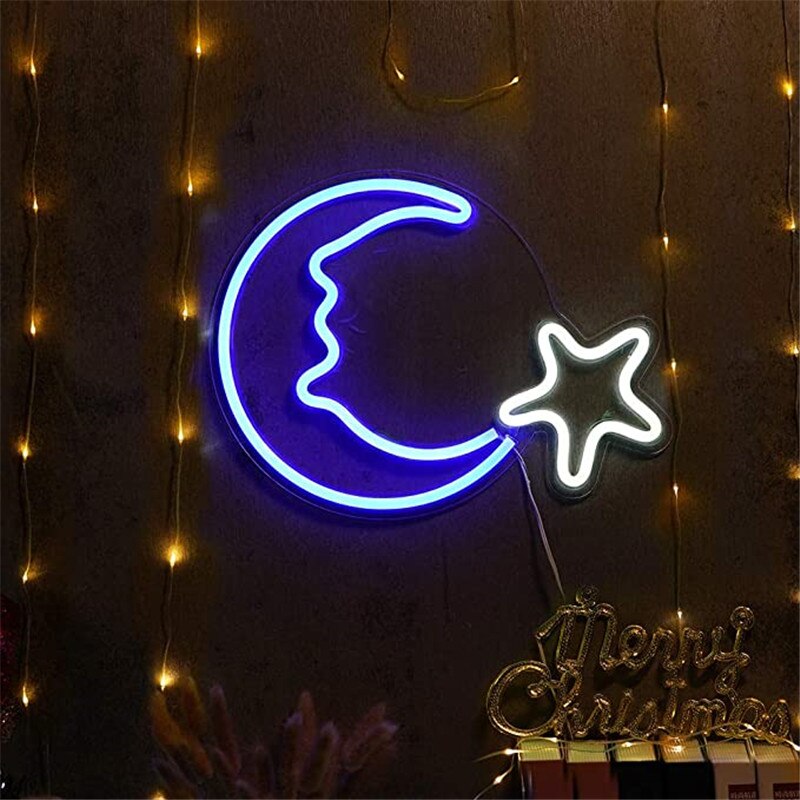 Decorative Moon Star Neon Signs Blue Neon Light Sign Wall Art Decor for Kids Bedroom Home Decoration Birthday Party Christmas