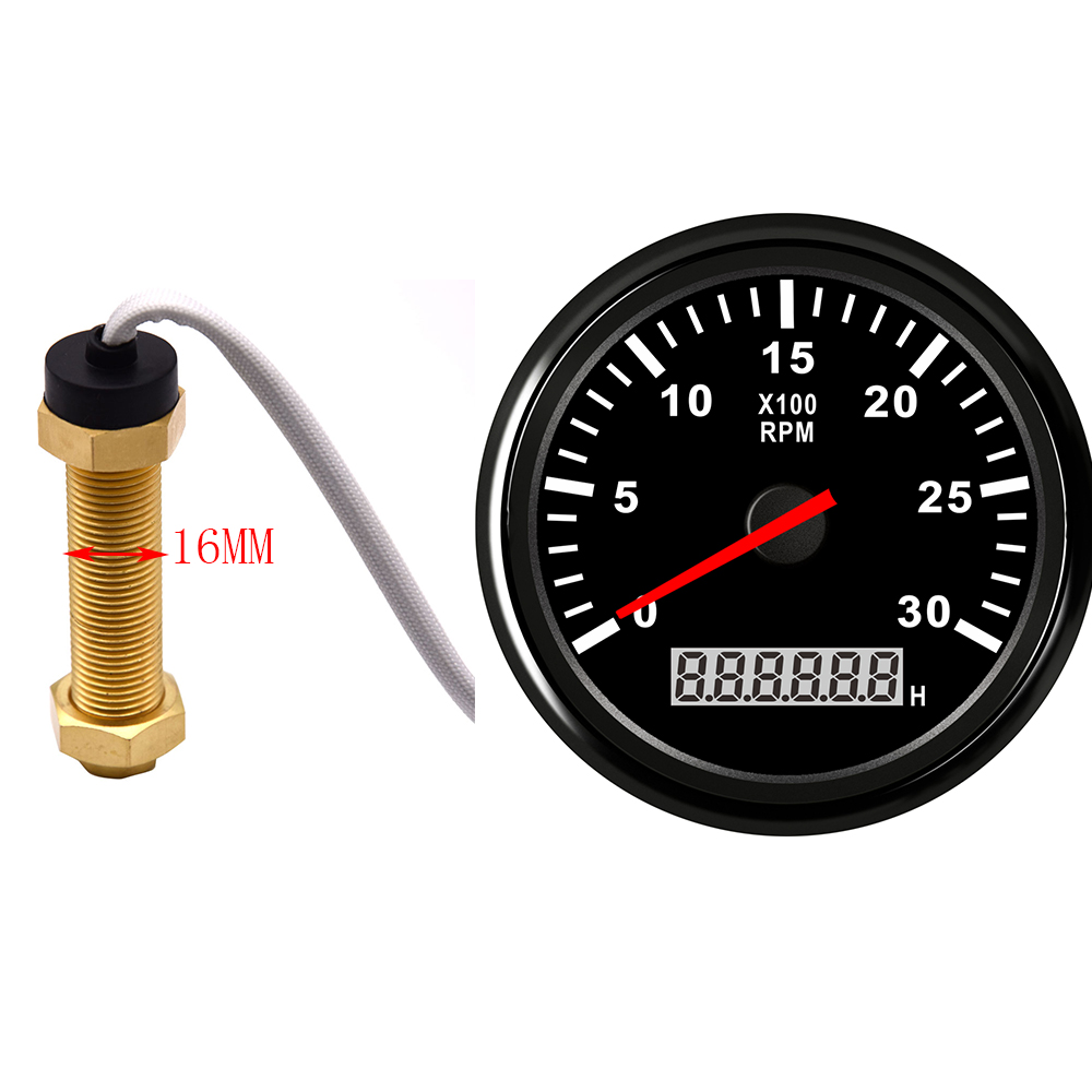 3000Rpm Toerenteller Met Urenteller 85Mm Tacho Gauge Voor Benzine Dieselmotor Gauge Met M18 / M16 Auto Boot toerenteller Sensor: BB M16 sensor