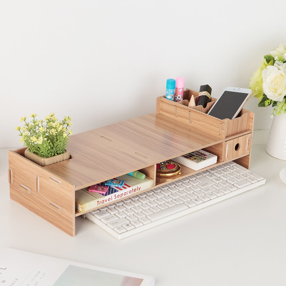 Houten lcd-desktopmonitorstandaard met verhoger voor bureau-organizer voor imac laptop pc