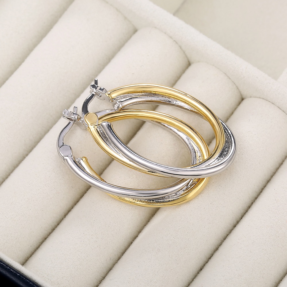 Huitan Two Tone Metal Hoop Earrings for Women Oval Intertwine Personality Girl Daily Wearable Jewelry Earrings