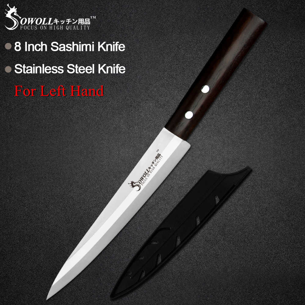 Sowall-keittiöveitsi ruostumattomasta teräksestä, korkea hiilikuitu, terävä terä, värillinen puukahva, sashimi-veitsi, liha-sushi-kala, vasen oikea käsi: D.vasen h ilman laatikkoa