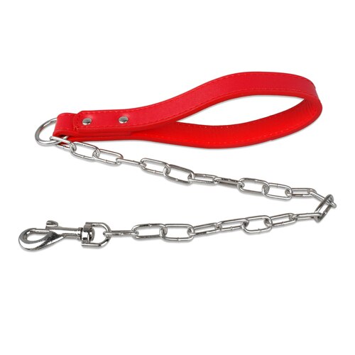 Træning hundesnor i sølv krom kæde fører kort hundetrafiksnor med læderhåndtag til mellemstore hunde pitbull: Rød