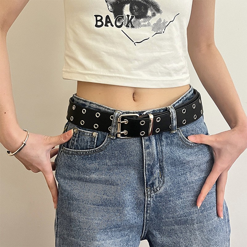 Dambälte trendigt dubbelringbälte dubbelhåligt öljettband läderspänne punkbälte fritidsklänning jeans gotiskt midjeband