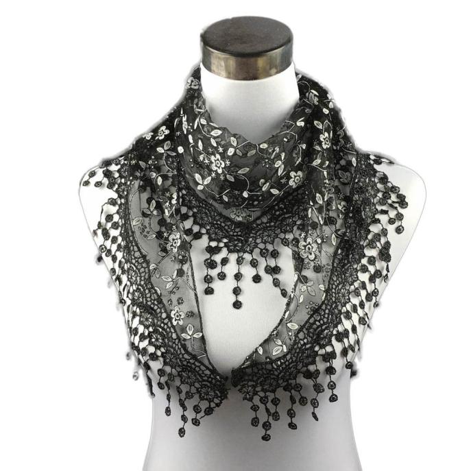 Triangle Women Scarf Lace Floral Summer Beach Tassel Scarves Chiffon Silk Wrap Pashmina Stole Foulard 9M15